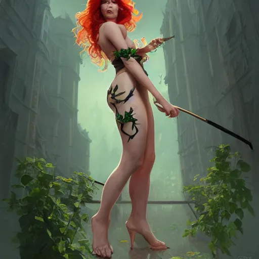 Image similar to a beautiful and detailed matte painting of poison ivy dressed as a hospital nurse, fantasy, d & d, dark eyeliner, intricate, elegant, highly detailed, digital painting, artstation, concept art, matte, sharp focus, illustration, art by greg rutkowski and alphonse mucha