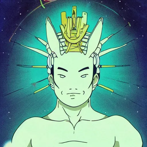 Prompt: a beautiful japanese male god sourrounded by borealis, studio ghibli style