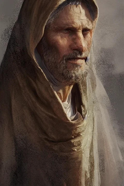 Image similar to medieval priest, close-up portrait, devoted, intricate, elegant, volumetric lighting, scenery, digital painting, highly detailed, artstation, sharp focus, illustration, concept art,ruan jia, steve mccurry