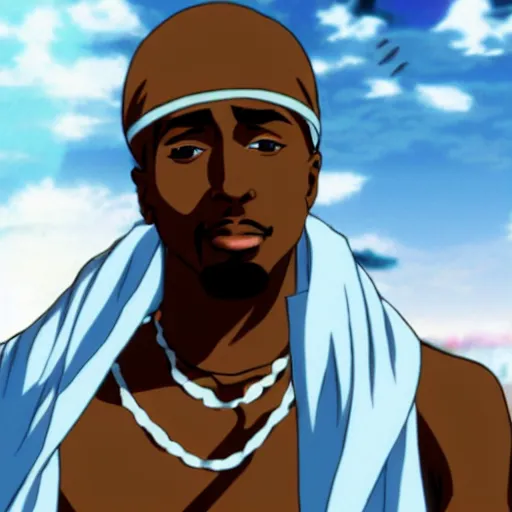 Image similar to Tupac Shakur, screenshot from a 2012s anime