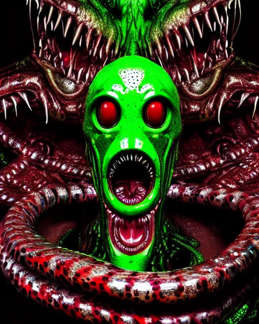 Prompt: realistic long textured tongue, demon wet humanoid alien, dripping green acid saliva, smoke, mouth in mouth in mouth, 4 large alien eyes, metallic reflective fangs, thin red veins, intricate grey snake scales ornate skin, cinematic light shadows, slimy reflections, crawling in a wet sewer pipe, flashlight lighting, insanely detailed