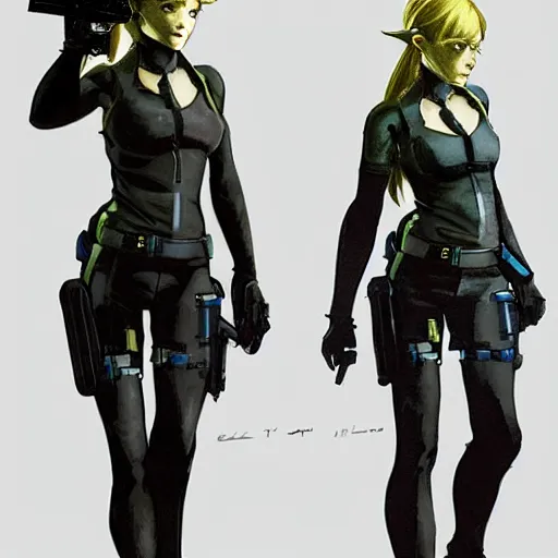 Image similar to zelda wearing a resident evil suit with gun by yoji shinkawa, concept art