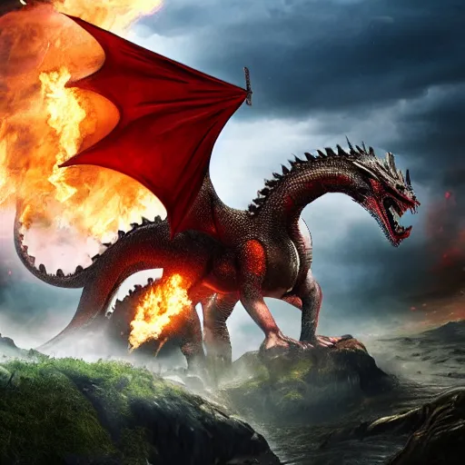 Prompt: a knight with sword leaping on a dragons back as the dragon breathes fire and inflames the ground beneath him, smoke everywhere with castle in distance, stormy, raining, 4 k, hd, realistic