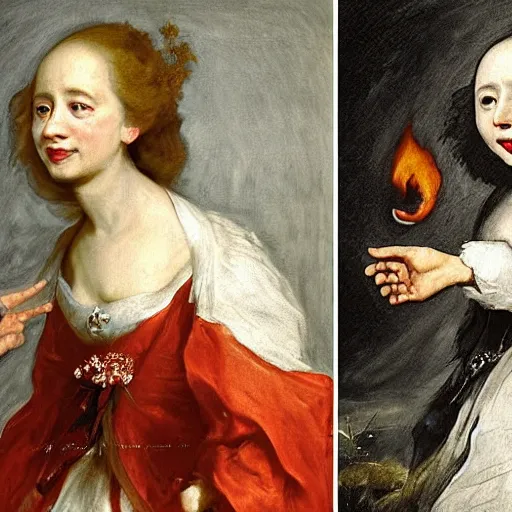 Prompt: female portrait, Theresa May as a smiling hapa sorceress chasing will-o-wisps casting a fireball in a garden, detailed painting by Anthony Van Dyck