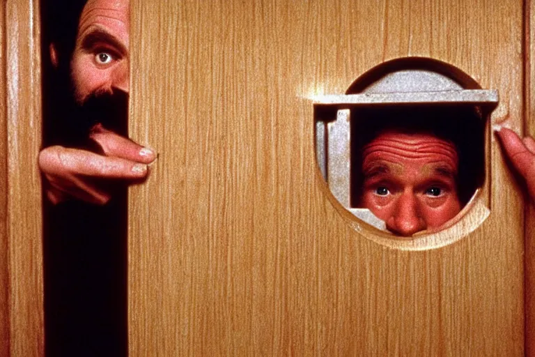 Image similar to Robin Williams as Jack Torrance peaking through hole in door in The Shining 1980