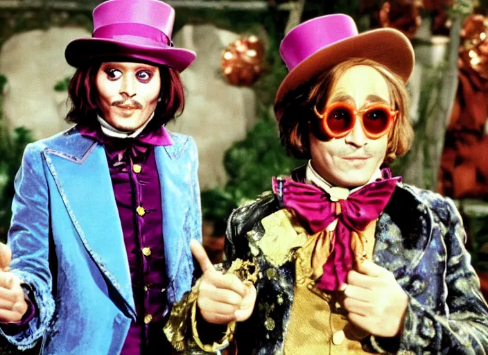 Image similar to film still of Johnny Depp as Willy Wonka in Willy Wonka and the Chocolate Factory 1971