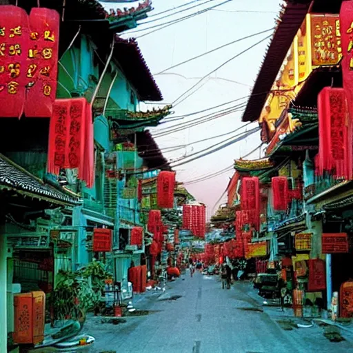 Image similar to a street in chinatown, singapore, by moebius