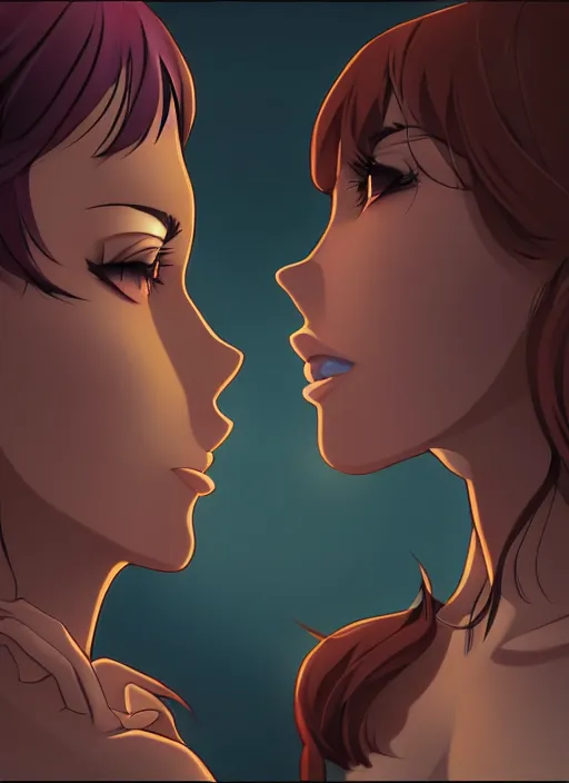 Image similar to two beautiful mothers standing face to face taunting each other, gorgeous faces, smooth thick lines, cinematic lighting, detailed anime art