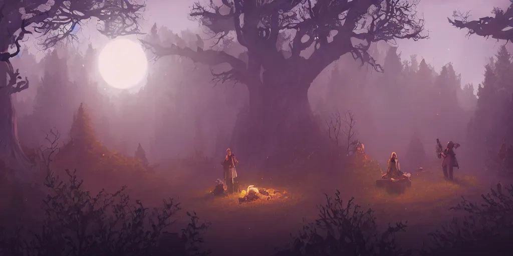 Image similar to tabletop roleplay game of a moonlit clearing in the woods, gridless, beautiful, 8 k, high quality digital art