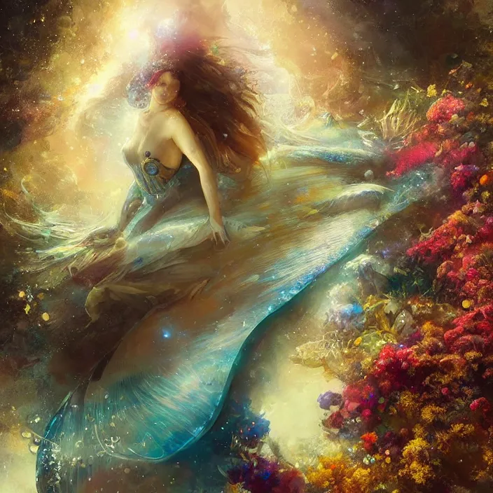 Image similar to glimmering whale, flowing dress, flowers, cosmos, milky way galaxy, golden hour, god rays, coral reef, dreamscape by artgerm and ruan jia and ismail inceoglu and greg olsen, masterpiece, beautiful, intricate, elegant, highly detailed