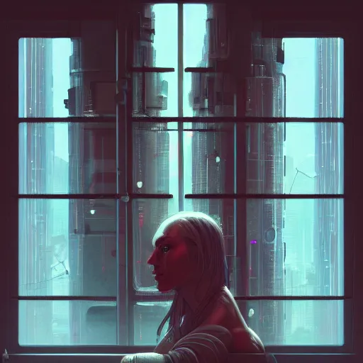 Image similar to portrait of cyberpunk woman looking out of a window, cyberpunk setting, futuristic, highly detailed, intricate lighting, digital painting, sharp focus, illustration, trending on artstation, art by wlop.