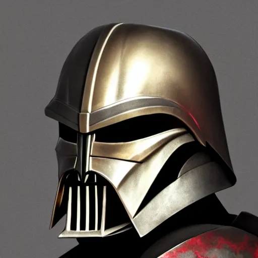 Image similar to realistic templar knight helm design inspired by darth vader, epic scale, character concept art, face symmetry, intricate accurate details, artstation trending, octane render, cinematic color grading, soft light, rule of thirds, golden ratio, like a professional model, cinematic, 8 k, clear.