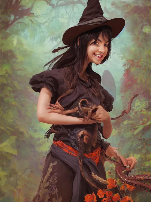 Image similar to Full shot of a cute mischievous young witch about to get up to some trouble with her playful snake familiar. Latin American fashion. Floral patterns. Black and Orange palette. Magic. Latina girl. brown skin. defined facial features, symmetrical facial features. Smiling. By Ruan Jia and Artgerm and Range Murata and WLOP and Ross Tran and William-Adolphe Bouguereau. Key Art. Fantasy Illustration. award winning, Artstation, intricate details, realistic, Hyperdetailed, 8k resolution.