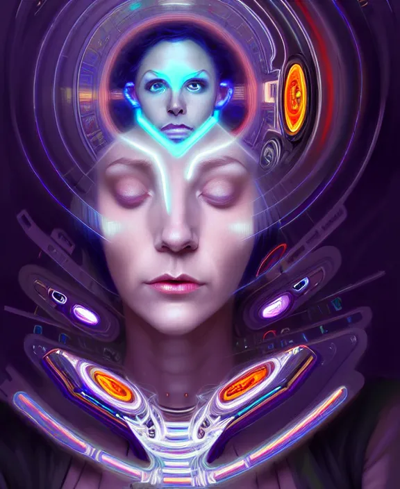 Image similar to a whirlwind of souls rushing inside the metaverse, hologram, half body, neurochip, shaved temple, piercing, jewelry, android, cyborg, cyberpunk face, by loish, d & d, fantasy, intricate, elegant, highly detailed, colorful, digital painting, artstation, concept art, art by artgerm and greg rutkowski and alphonse mucha