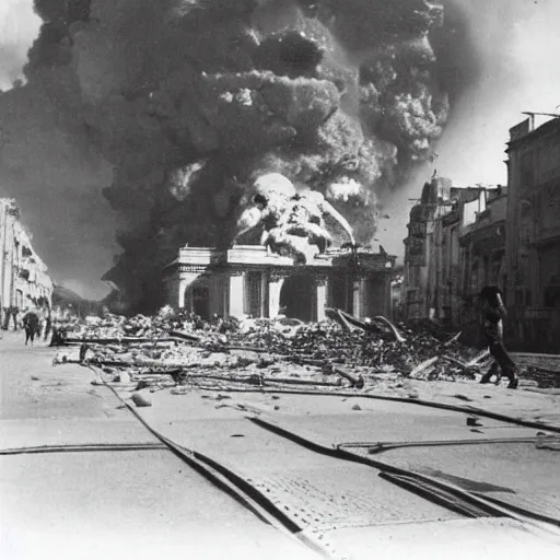 Prompt: A photo of a Puerta de Alcalá (Madrid) being destroyed by a nuclear bomb during the Spanish Civil War-n 9