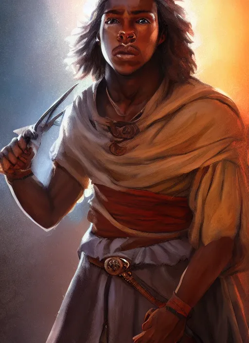 Prompt: An epic fantasy comic book style portrait painting of a young dark skinned long haired boy in plain peasant rags with intelligent eyes in the style of the wheel of time, unreal 5, DAZ, hyperrealistic, octane render, cosplay, RPG portrait, dynamic lighting