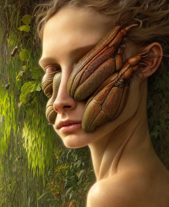 Image similar to intricate earth - toned portrait of a comforting alien insect creature, mottling coloring, adorable, childlike, overgrown environment, ultra realistic, concept art, maximalist, photorealistic, octane render, 8 k, unreal engine. art by christopher marley and artgerm and greg rutkowski and alphonse mucha