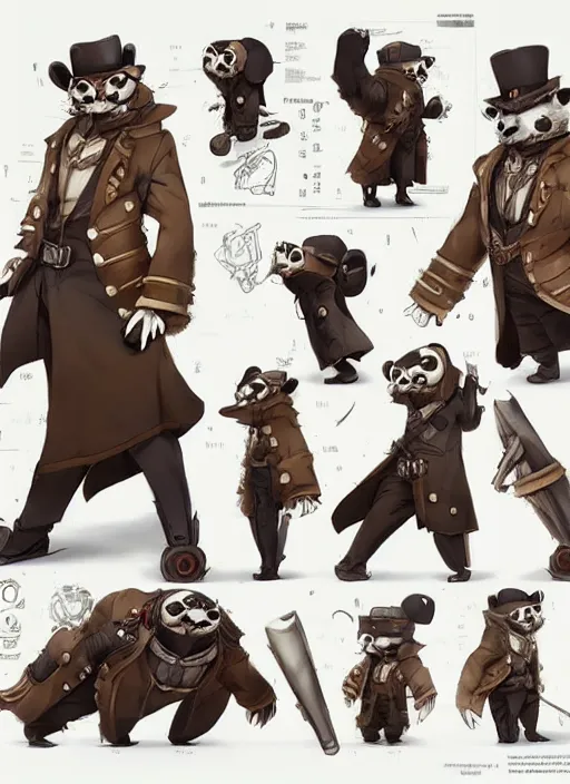 Image similar to a steampunk panda, character concept, character reference sheet. By Makoto Shinkai, Stanley Artgerm Lau, WLOP, Rossdraws, James Jean, Andrei Riabovitchev, Marc Simonetti, krenz cushart, Sakimichan, trending on ArtStation, digital art.