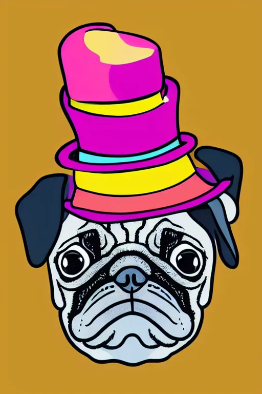 Image similar to A portrait of a pug with a top hat, sticker, colorful, illustration, highly detailed, smooth and clean vector curves, no jagged lines, vector art, smooth