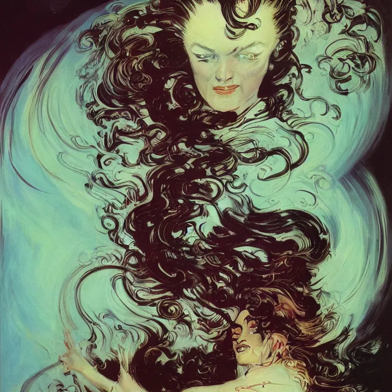 Image similar to portrait of a woman with swirling hair and fractal skin by frank frazetta, retrofuturism, psychedelic art reimagined by industrial light and magic