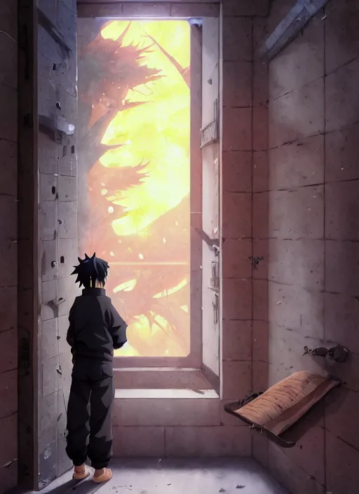 Prompt: highly detailed prison cell with naruto uzumaki with black hair, bars in window, hitting a wall, art by greg rutkowski, loish, rhads, ferdinand knab, makoto shinkai and lois van baarle, ilya kuvshinov, rossdraws, tom bagshaw, global illumination, radiant light, detailed and intricate environment