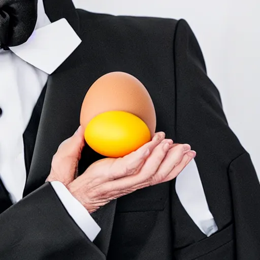 Prompt: A man wearing a tuxedo with an egg for a head