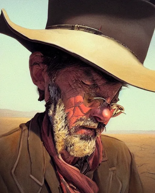 Image similar to a film still extreme close - up shot of an old cowboy outlaw in a desert by esao andrews. trending on artstation