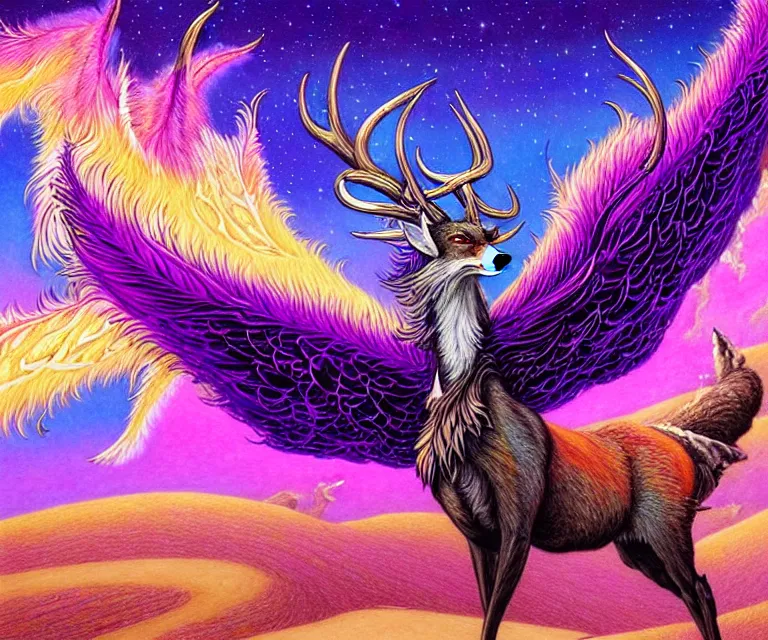 Prompt: a colored - pencil oil drawing of a mysterious majestic auroral cosmic - hyperspace winged and feather - covered deer - fox - griffon stands in the stargate portal in a vast purple desert, vibrant sci - fi oil painting, highly detailed fantasy scenery. by rebecca guay and terese nielsen, a divine beast in the sands with neon patterned fur.