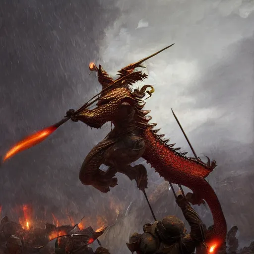Image similar to dragon scale impaling a soldier, 8 k octane beautifully detailed render, post - processing, extremely hyper - detailed, intricate, epic composition, cinematic lighting, masterpiece, trending on artstation, masterpiece, stunning art by anders zorn, wonderful masterpiece by greg rutkowski, beautiful cinematic,