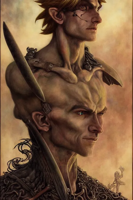 Image similar to a portrait of link from zelda in the style of wayne barlowe, gustav moreau, goward, bussiere, roberto ferri, santiago caruso, luis ricardo falero, austin osman spare