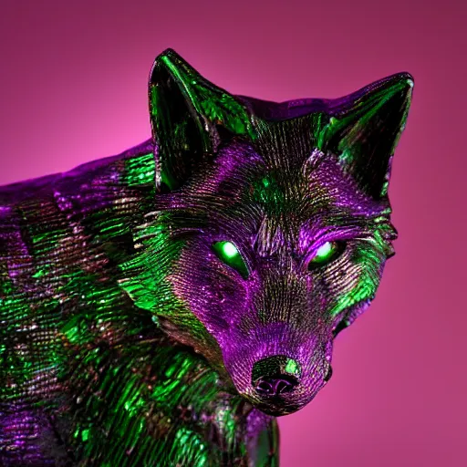 Image similar to portrait photography of a emerald wolf sculpture with glowing purple eyes