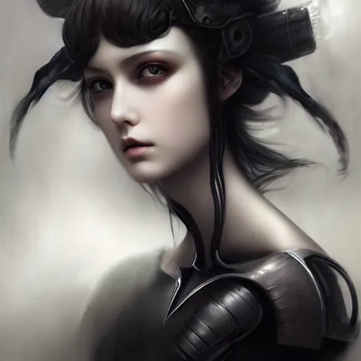 Prompt: By Tom Bagshaw, ultra realist soft painting of an attractive slim curvy cyberpunk anime female fully body armored, with thin lustrous long hair floating, photorealistic eyes render, looking at camera, curiosities carnival, symmetry accurate features, very intricate details, focus, dark fantasy background black and white