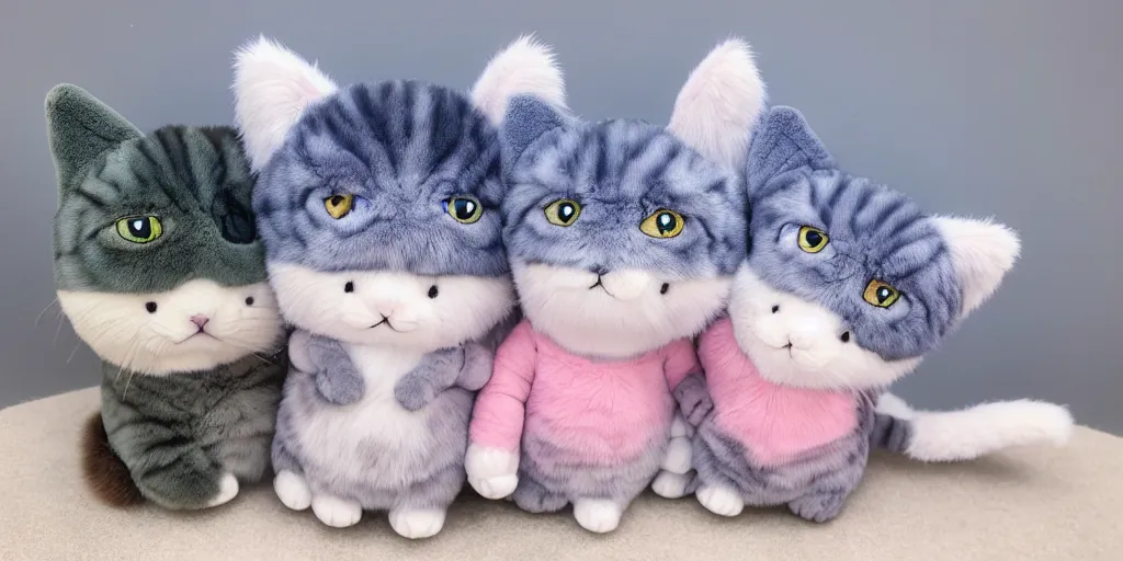 Image similar to 3 d precious moments plush cat with realistic fur, snowy mountain landscape, john william waterhouse color palette, master painter and art style of john william waterhouse and caspar david friedrich and philipp otto runge, blue / white / gray / green / pink / tan / mid pink / blue gray color scheme,