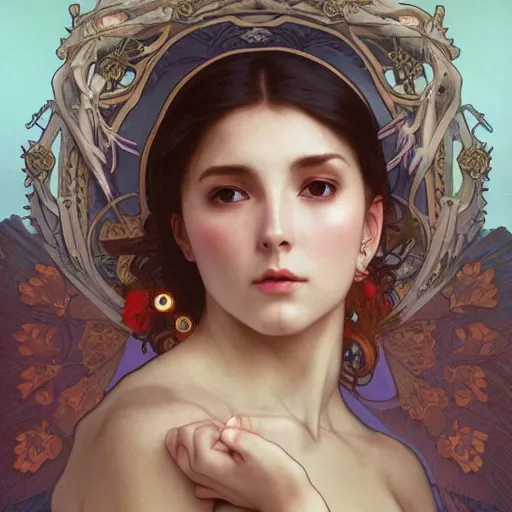 Image similar to beautiful woman with a skull for a face, intricate, art by artgerm and greg rutkowski and alphonse mucha and william - adolphe bouguereau, high detailed, 4 k,