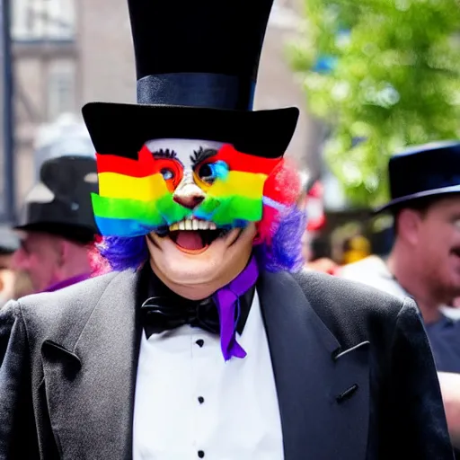Image similar to The Babadook in black coat and top hat at a pride parade, photograph