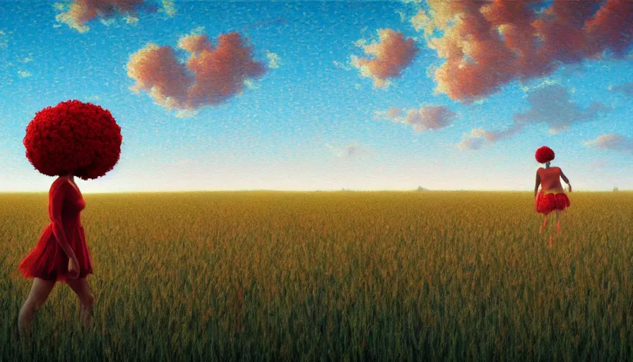 Image similar to giant red carnation afro head, full body, full body, girl walking in a wheat field, surreal photography, hills, sunrise dramatic light, impressionist painting, colorful clouds, digital painting, pointillism, artstation, simon stalenhag