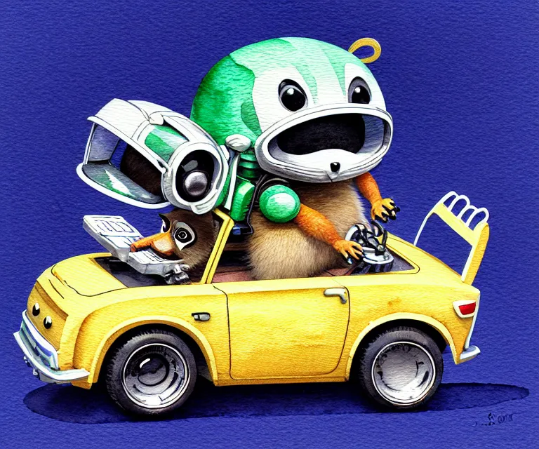 Image similar to cute and funny, racoon wearing a helmet riding in a tiny hot rod with oversized engine, ratfink style by ed roth, centered award winning watercolor pen illustration, isometric illustration by chihiro iwasaki, edited by beeple, tiny details by artgerm and beeple, symmetrically isometrically centered