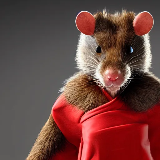 Image similar to a portrait of a human-rat mutant hybrid with brown fur wearing a red kimono, realistic, 3d rendering, hdr, subsurface scattering
