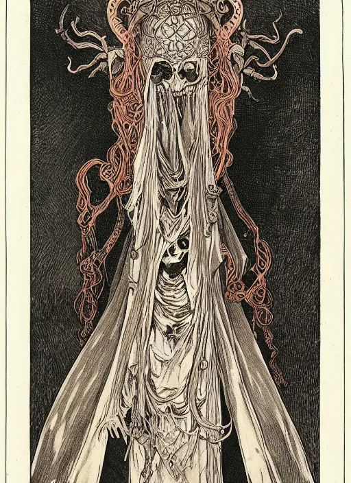 Prompt: cloaked demon oracle wise beautiful woman armor muted fall colors, beautiful face, robes veil jewelry, tentacles exposed bones, horns palace on a throne of bones lithograph, engraving, etching, printmaking, exposed bones, occult, tarot, octane ,caravaggio alphonse mucha, long boney limbs, erroded, rough condition, beautiful