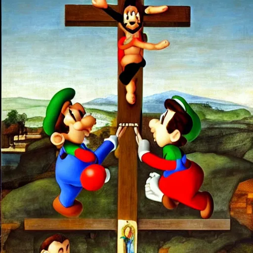 Image similar to mario and luigi at the crucifixion of christ in the style of raphael