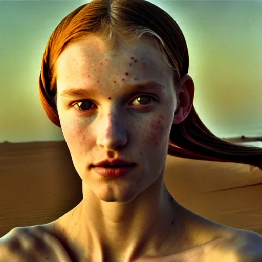 Prompt: photographic portrait of a stunningly beautiful english renaissance female on the namibian coast in soft dreamy light at sunset, soft focus, contemporary fashion shoot, hasselblad nikon, in a denis villeneuve movie, by edward robert hughes, annie leibovitz and steve mccurry, david lazar, jimmy nelsson, hyperrealistic, perfect face