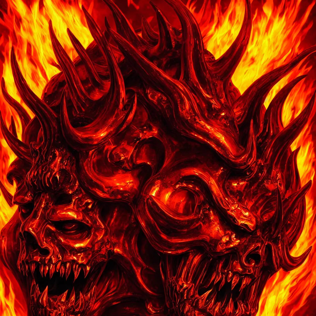 Image similar to close-up macro portrait of the face of the devil engulfed in hell's fury, epic angle and pose, ornate, symmetrical artwork, 3d with depth of field, blurred background, shadow figures with skulls in the background, translucent, nautilus, energy flows of and fire evil energy. a highly detailed epic cinematic concept art CG render. made in Maya, Blender and Photoshop, octane render, excellent composition, cinematic dystopian brutalist atmosphere, dynamic dramatic cinematic lighting, aesthetic, very inspirational, arthouse. y Greg Rutkowski, Ilya Kuvshinov, WLOP, Stanley Artgerm Lau, Ruan Jia and Fenghua Zhong