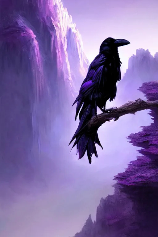 Image similar to portrait of a beautiful one raven perched on purple crystals that are glowing in a misty valley, establishing shot, extremly high detail, foto realistic, cinematic lighting, by yoshitaka amano, ruan jia, kentaro miura, artgerm, post processed, concept art, artstation, raphael lacoste, alex ross