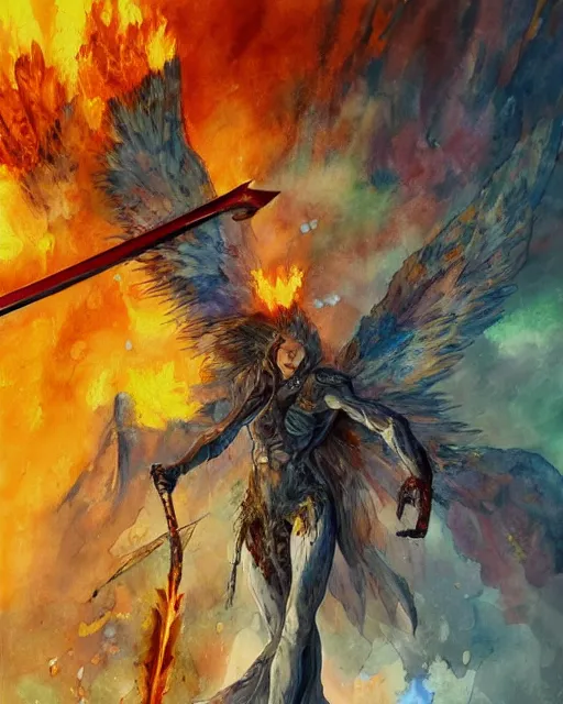 Image similar to a oil / watercolor painting full body character portrait of a fallen angel wielding a jagged firey sword made of ice in the style of moebius in the style of leonard boyarsky trending on artstation deviantart pinterest detailed photorealistic highlights and shadow hd 8 k post - processing high resolution