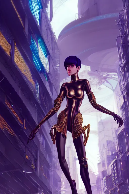 Image similar to hyperdetailed wide shot of one stunningly beautiful european girl with very short hair androgynous guard made of iridescent metals, in the cybercity inspired by ross tran and wlop and masamune shirow and kuvshinov, concept art, intricate, photorealistic, octane render, rtx, hdr, unreal engine, dnd digital art by artgerm