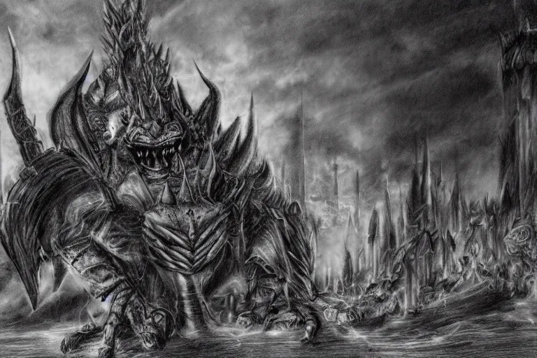 Image similar to pencil sketch of bowser with huge horns and scales and talons in a ruined kingdom, resident evil, horror, occult, terror, mist, volumetric render, detailed