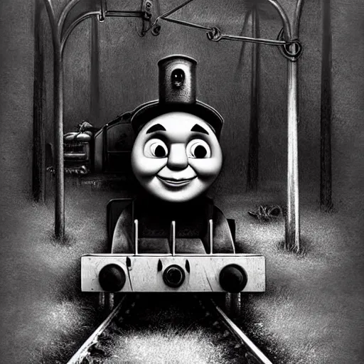 Image similar to grunge drawing of Thomas the tank engine by - michael karcz , horror themed, detailed, elegant, intricate