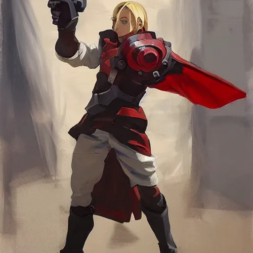 Image similar to greg manchess portrait painting of edward elric as overwatch character, medium shot, asymmetrical, profile picture, organic painting, sunny day, matte painting, bold shapes, hard edges, street art, trending on artstation, by huang guangjian and gil elvgren and sachin teng