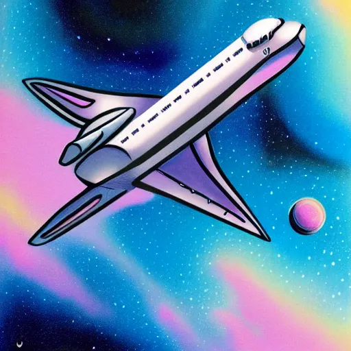 Prompt: airbrush illustration for omni magazine of the space shuttle, sliver blue and pink colors, illustration, airbrush, magazine cover, vivid, retro, grainy, masterpiece, glow, paper texture