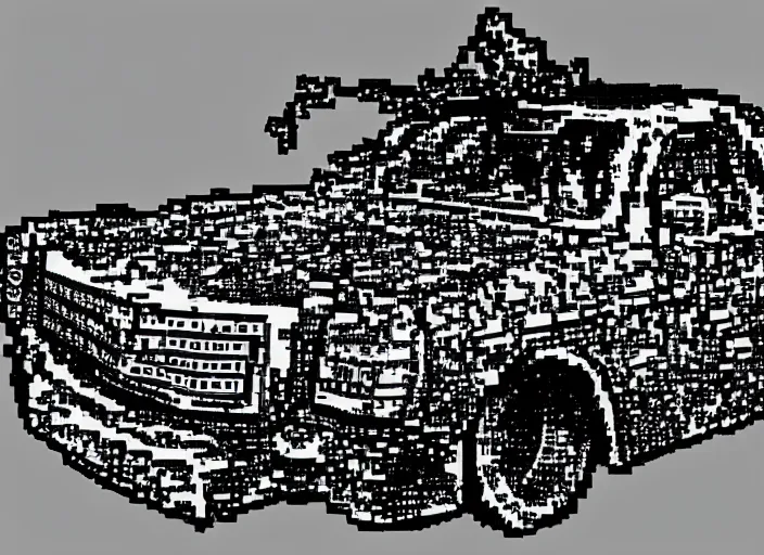 Image similar to synthesized hologram aiburning wrecked mercedes 1 2 4, pixelart, game 8 - bit monochrome gameboy!!, award winning. dramatic. trending on artstation, low resolution sync